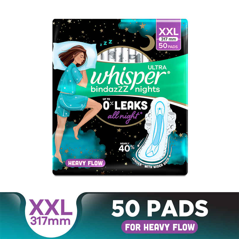 Whisper Bindazzz Nights XXL Sanitary Pads, Upto 0% Leaks All Night Long
