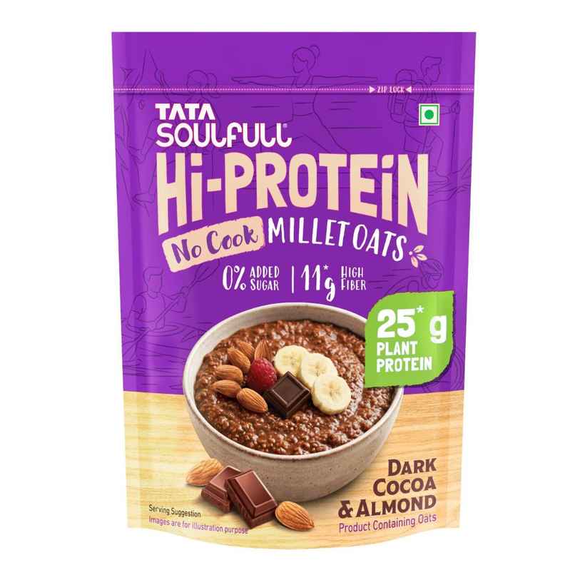 Tata Soulfull No Cook Millet Hi Protein Oats Dark Cocoa & Almond, 25g Plant Protein, High Fibre Tata Soulfull No Cook Millet Hi Protein Oats Dark Cocoa & Almond, 25g Plant Protein, High Fibre