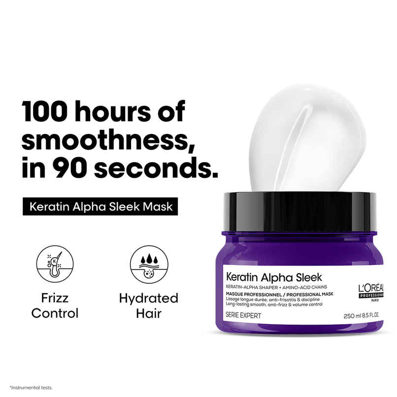 L'Oreal Professionnel Keratin Alpha Sleek Hair Mask, 84% Less Frizz, 5X Instant Smoothness