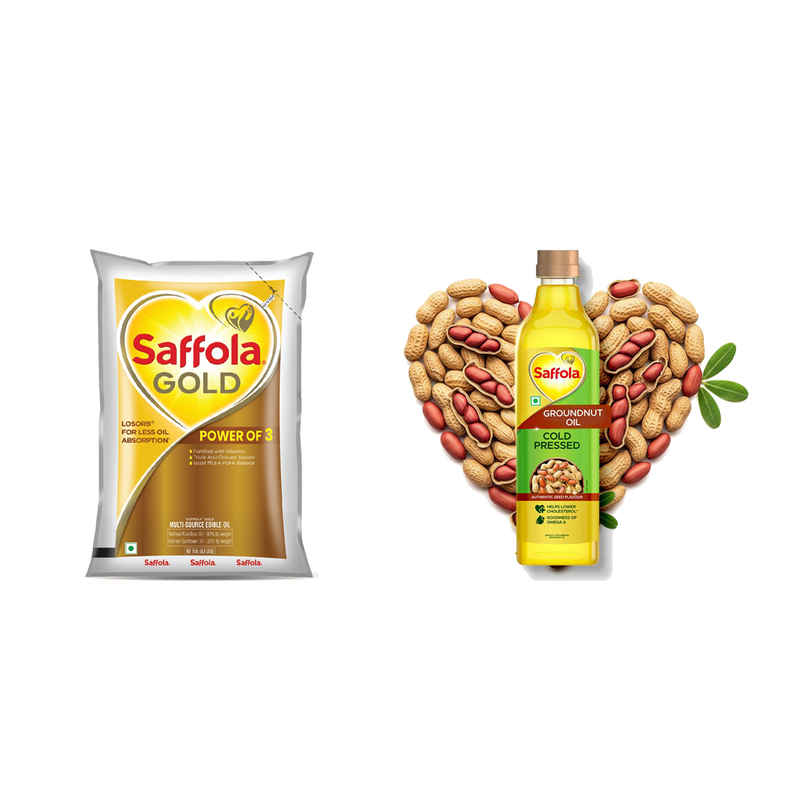 Saffola Gold Oil, Power Of 3, Pouch (910g) & Saffola Groundnut (Peanut) Cold Pressed Oil | Cold Pressed Groundnut Oil | Helps Lower Cholesterol (1L) Combo