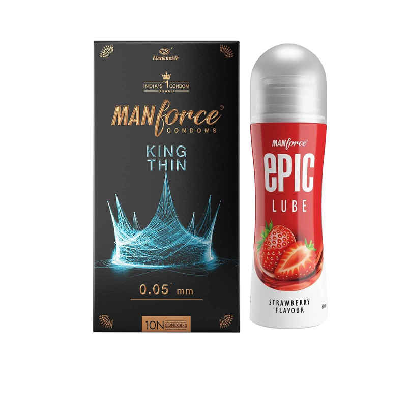 Manforce King Thin | Ultra Thin Condom For Natural Feel (1pc) & Manforce Epic Lube Strawberry Flavored Lubricating Gel For Men And Women Water Based Skin Friendly (60ml) Combo