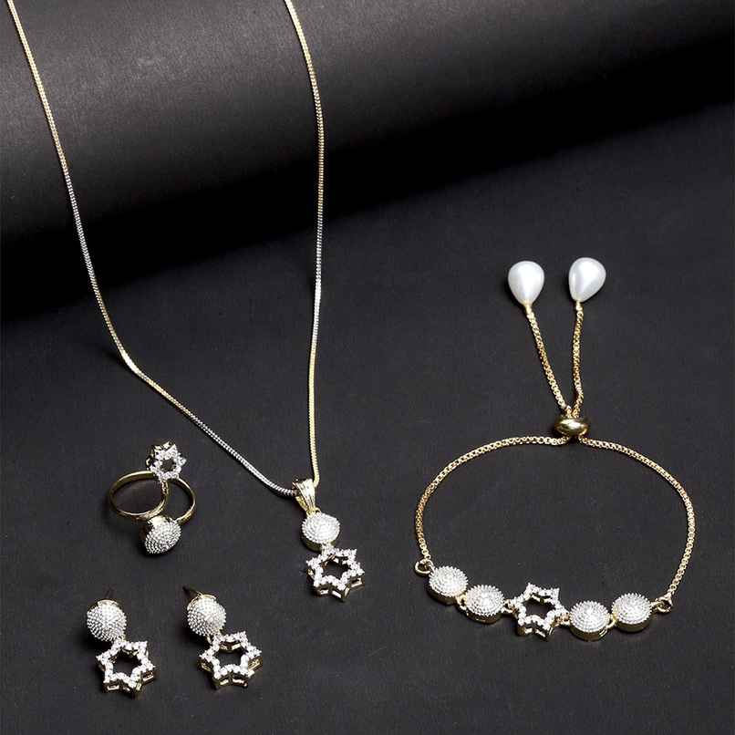 Zeneme American Diamond Star Shaped Necklace Set Earrings, Bracelet Ring Jewellery for Women