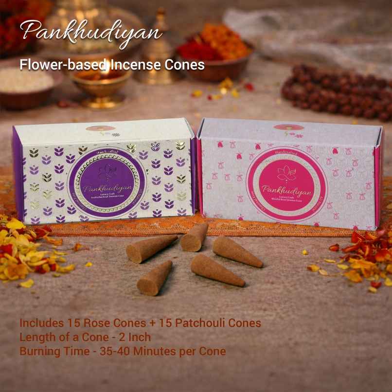 Pankhudiyan Premium Flower based Incense Cones - Rose & Patchouli (Monthly Pack)
