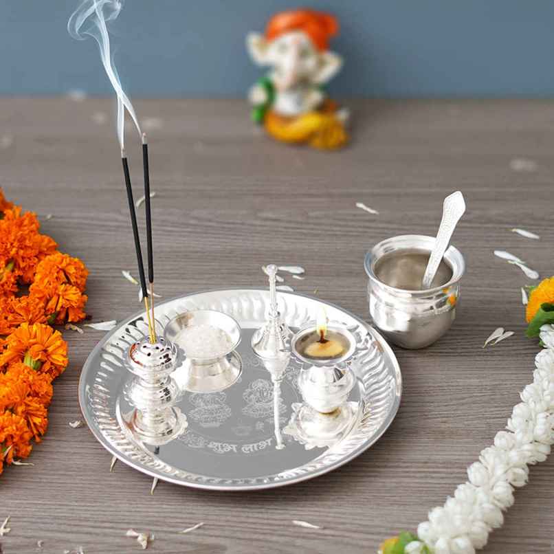 Silver Pooja Thali Set with Diya, Ghanti, Kalash, Spoon, Agarbatti Stand, Bowl | Ecraftindia