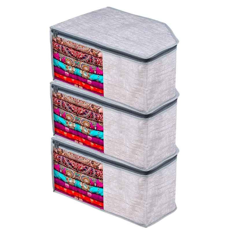 Kuber Industries Jute Printed Blouse Cover|Transparent Window|Clothes Storage Bag|Pack of 3|Gray Kuber Industries Jute Printed Blouse Cover|Transparent Window|Clothes Storage Bag|Pack of 3|Gray