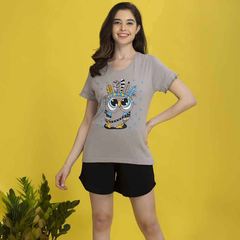 Clovia Owl Print Top & Shorts & Black - Cotton Rich | Grey | XL