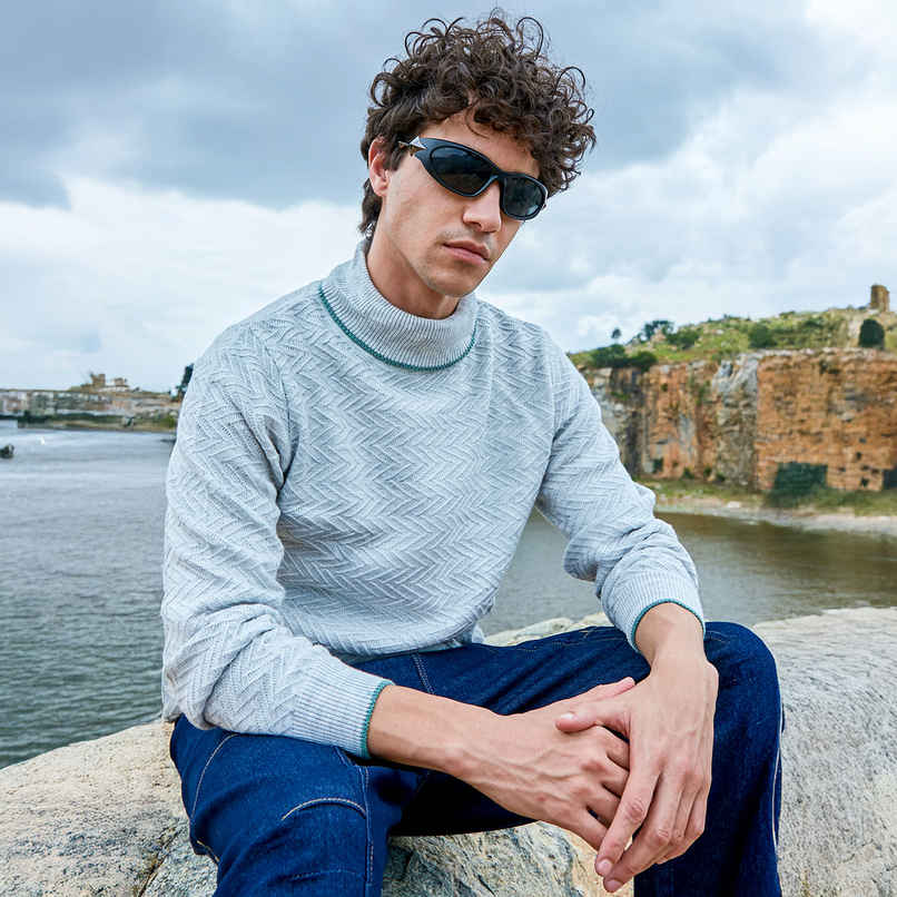 Campus Sutra Men's Herringbone Textured Pullover Sweater | Light Grey - S