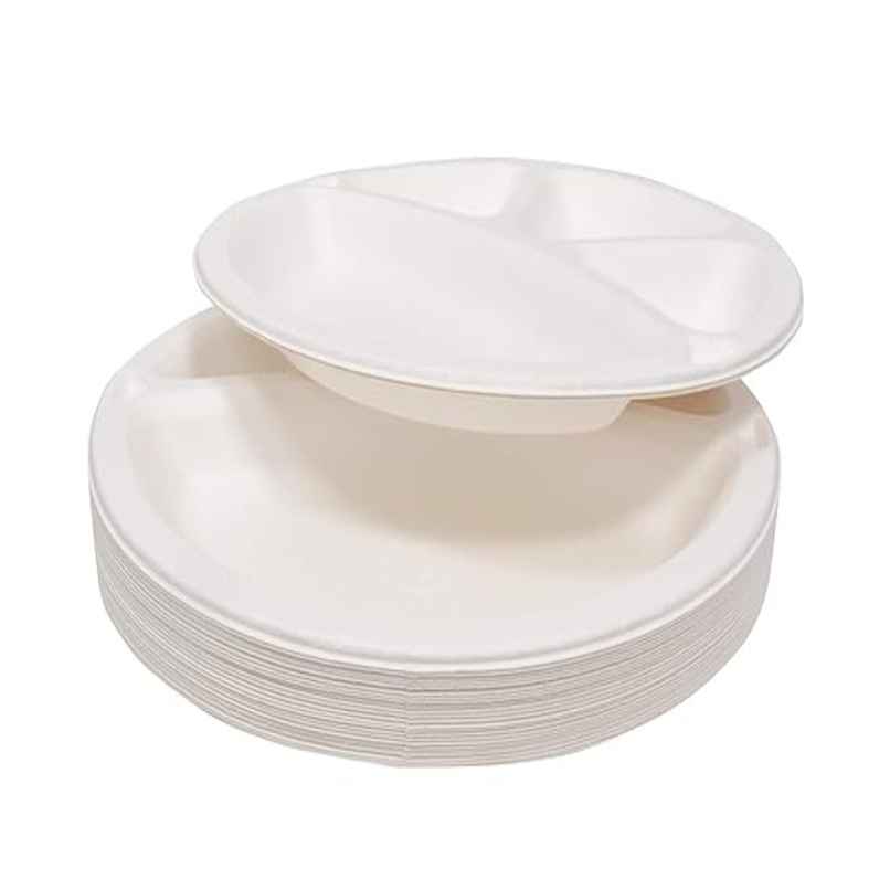 Sugarcane Fibre Disposable Plate | 11 inch | Round | 4 Compartments Sugarcane Fibre Disposable Plate | 11 inch | Round | 4 Compartments