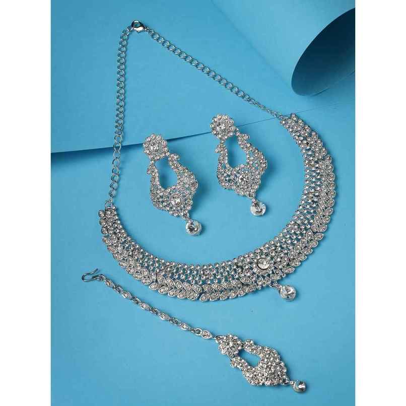 Sukkhi Rhodium Plated Silver Collar Bone Necklace & Earring With Maangtika Set for Women Sukkhi Rhodium Plated Silver Collar Bone Necklace & Earring With Maangtika Set for Women