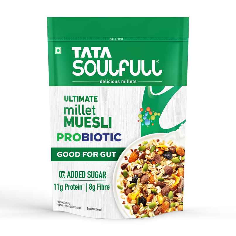Tata Soulfull Ultimate Probiotic Millet Muesli | Gut Health | 0% Added Sugar | High Fibre Tata Soulfull Ultimate Probiotic Millet Muesli | Gut Health | 0% Added Sugar | High Fibre