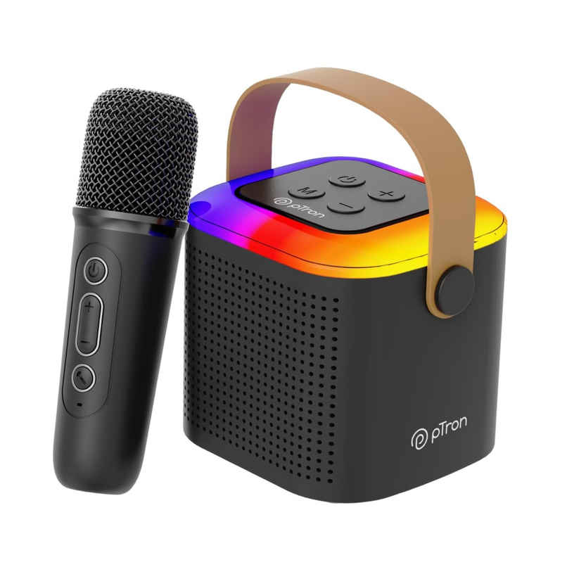 pTron Fusion Tunes 10W Bluetooth Speaker | Wireless Karaoke Mic | RGB Lights | 8Hrs Playtime - Black