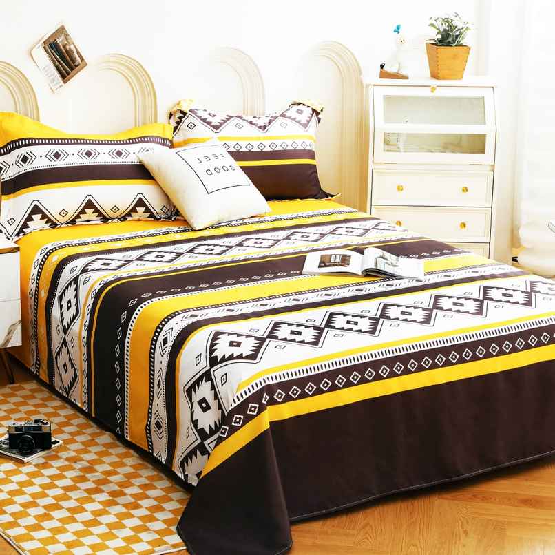 Story@home 240 TC Microfiber Double Printed Flat Bedsheet Black & Yellow | Aztec