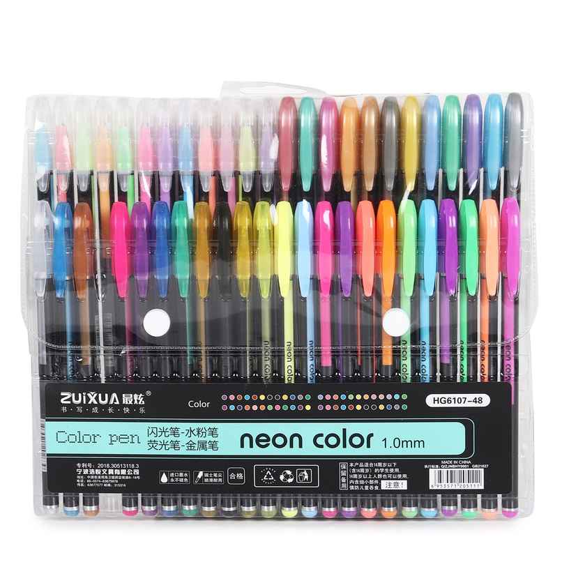 Chrome 6107-48Pcs Neon Gel Pens Set with Fluorescent, Metallic, Glitter, & Pastel Colours