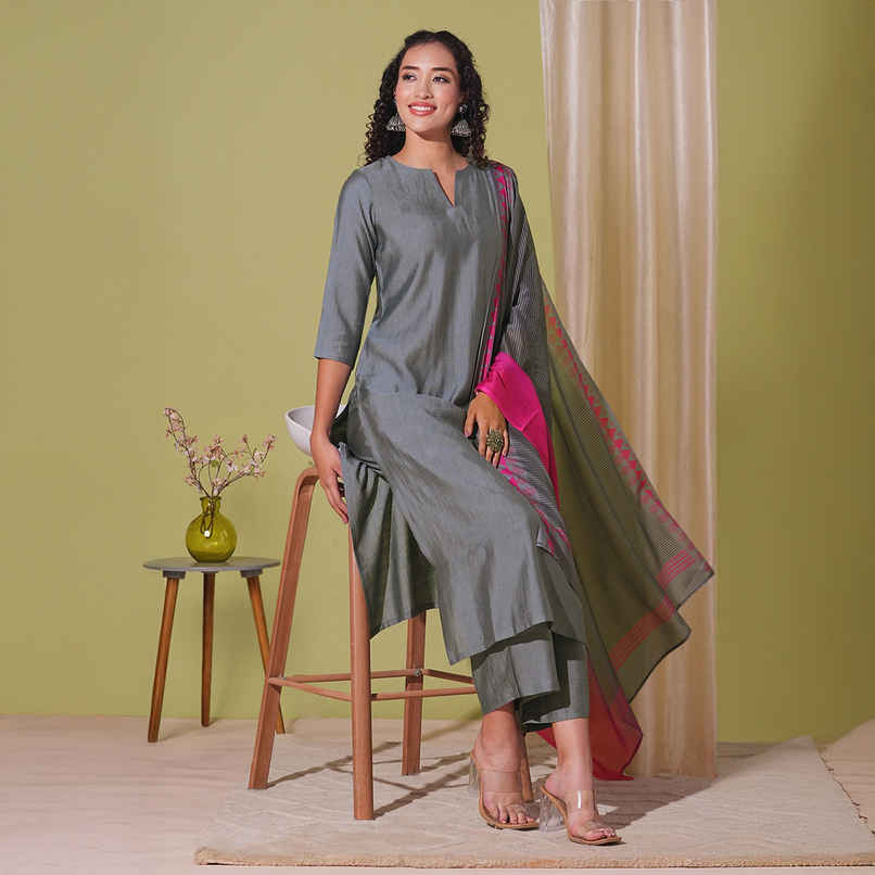 GoSriKi Women's Viscose Rayon Straight Solid Kurta with Pant & Dupatta | MOGUL | Grey - L