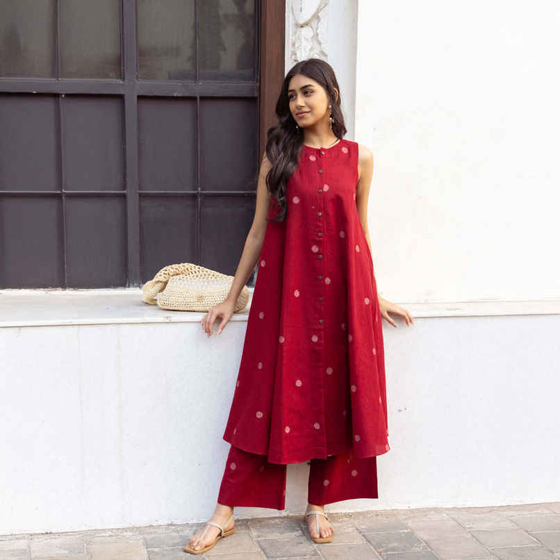 GoSriKi Women's Viscose Rayon Anarkali Polka Print Kurta with Palazzo | Red - M