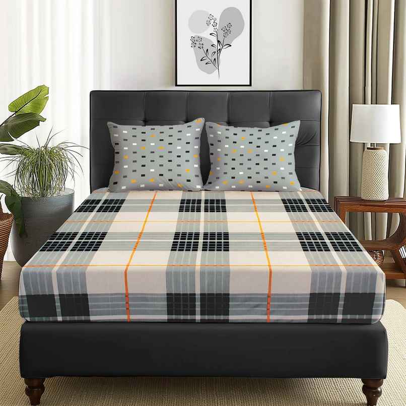 Story@home 144 TC Cotton Double Printed Flat Bedsheet (White, Grey)