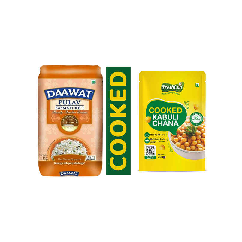 Daawat Pulav Basmati Rice | Long Grain (1kg) & Freshcon Cooked Kabuli Chana | Chickpeas (250g) Combo   