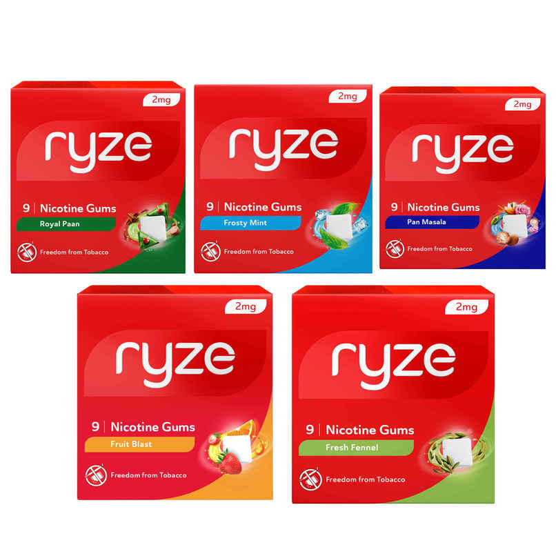 Ryze Paan Masala Nicotine Gum 2Mg | 9 Gum Blister (1pc) & Ryze Royal Paan Nicotine Gums 2Mg | 9 Gum Blister (1pc) & Ryze Frosty Mint Nicotine Gums 2Mg | 9 Gum Blister (1pc) & Ryze Nicotine Gums 2Mg (Fresh Fennel) Gums Single Pack - 9 Gum Blister (1pc) & Ryze Nrt 2Mg (Fruit Blast) Nicotine Gums Single Pack - 9 Gum Blister (1pc) Combo