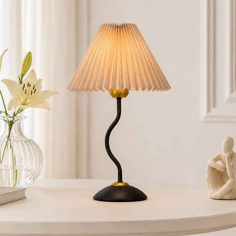 Homesake Matt Black Twister Metal Bedside Lamp | Pleated Jute Shade | Modern Table Light