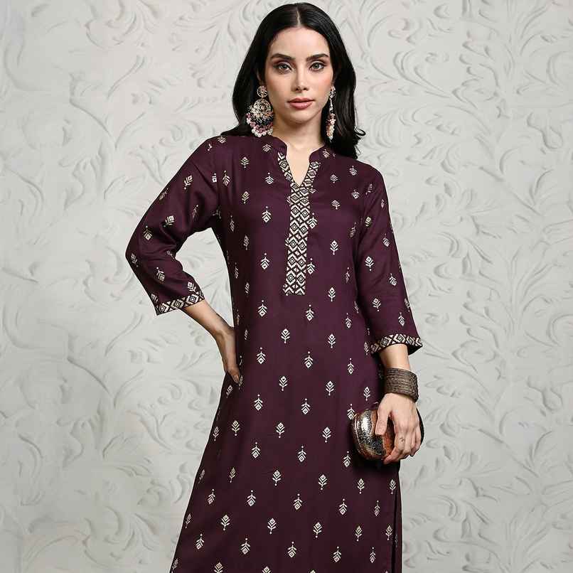Vishudh Women's Printed Viscose Straight Kurta With Cropped Palazzo | VNK3008039 | Fig - L