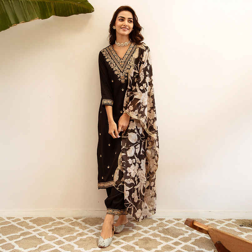 Indo Era Women's Viscose Rayon Embroidery Straight Kurta with Dupatta Set | KH5BK6147 | Black - XL