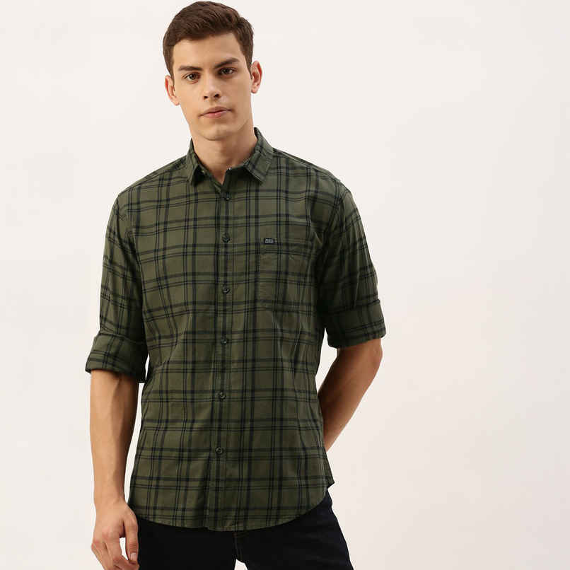 The Indian Garage Co Men's Slim Fit Checkered Casual Shirt | Green - S