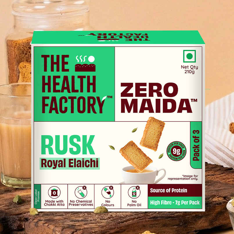 The Health Factory Elaichi Rusk | Zero Maida | Source of Protein & Fibre | Wheat Rusk Toast | Tea Time Snack