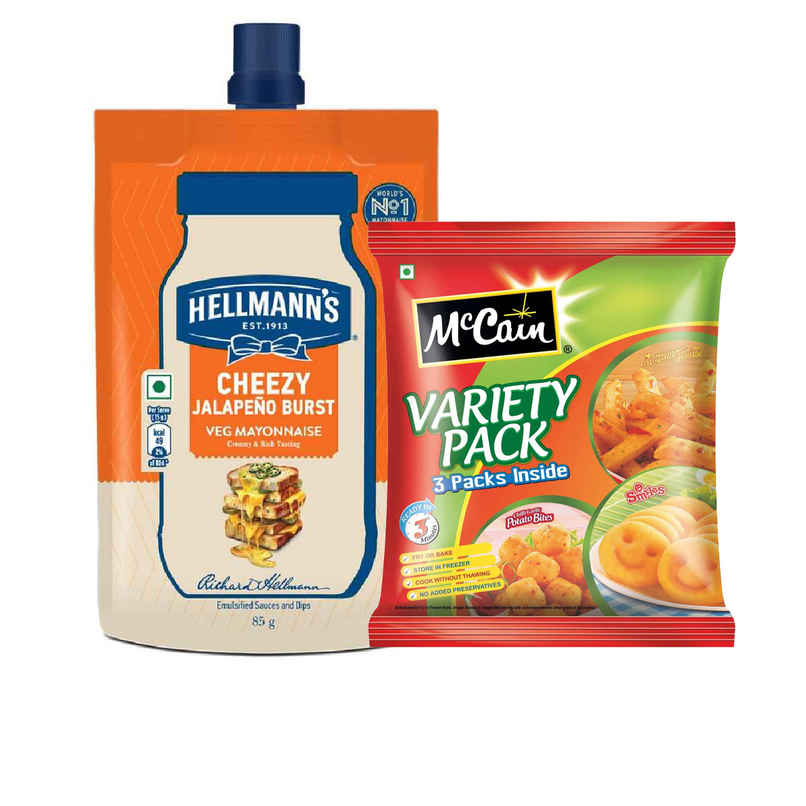Hellmann'S Cheezy Jalapeno Burst Mayo (85g) & Mccain Variety Pack | No Added Preservatives (550g) Combo 