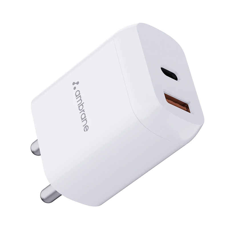 Ambrane 20W Dual Output Fast Charger/Adapter With Qc & Pd Technology For Iphone Android & Other Devices Multi-Layers Protection (Raap H11) - White Ambrane 20W Dual Output Fast Charger/Adapter With Qc & Pd Technology For Iphone Android & Other Devices Multi-Layers Protection (Raap H11) - White