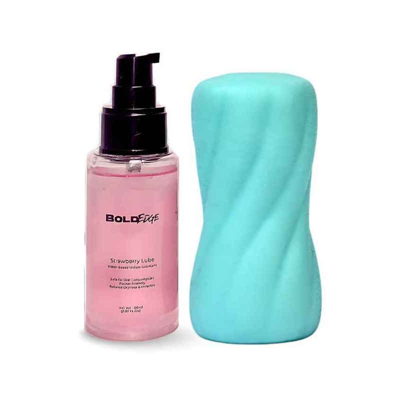 BoldEdge Rattle Men Stroker Personal Massager and Water-based Strawberry Lubricant Combo