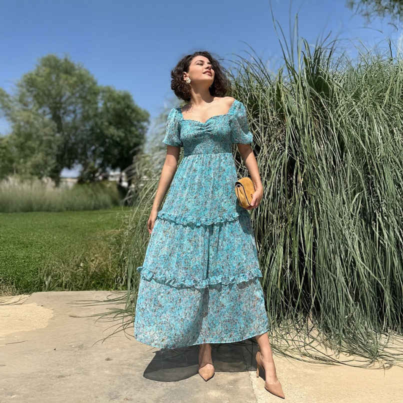 Sheetal Women's Floral Print Georgette Tiered Maxi Dress | DR11262 | Turquoise - XL