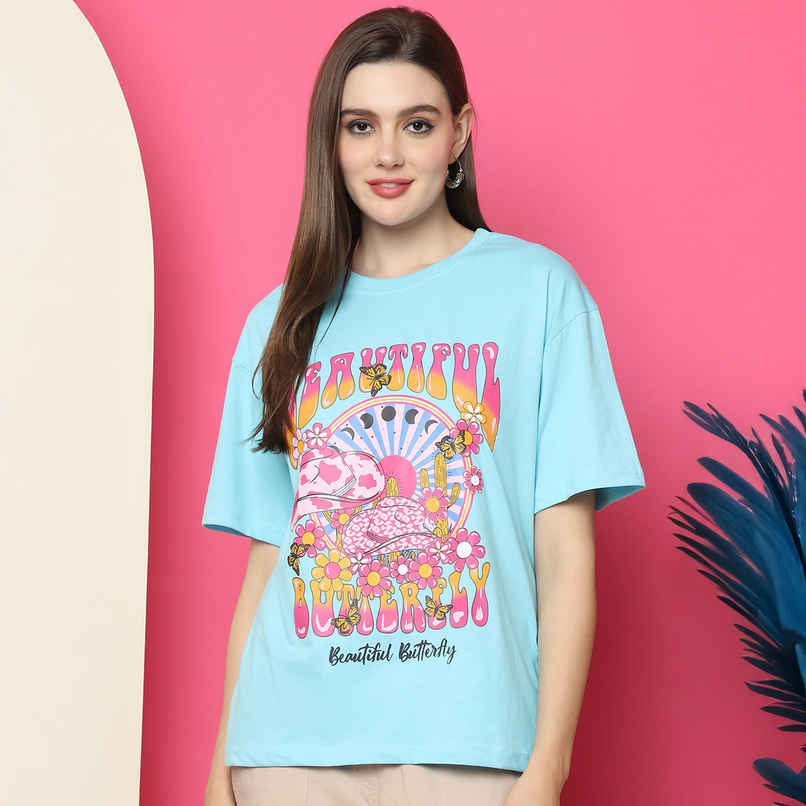 Fabflee Women Oversize Cotton Printed Round Neck Tshirt | Light Blue | FAB-OS-516 | M