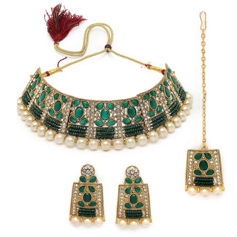 Sukkhi Striking Gold Plated Green Stone Studded Choker Necklace Set