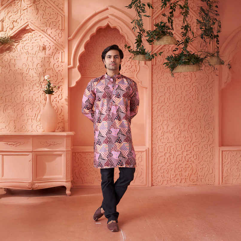 House Of Festivals Men's Printed Cotton Blend Long Kurta | Multicolor - S