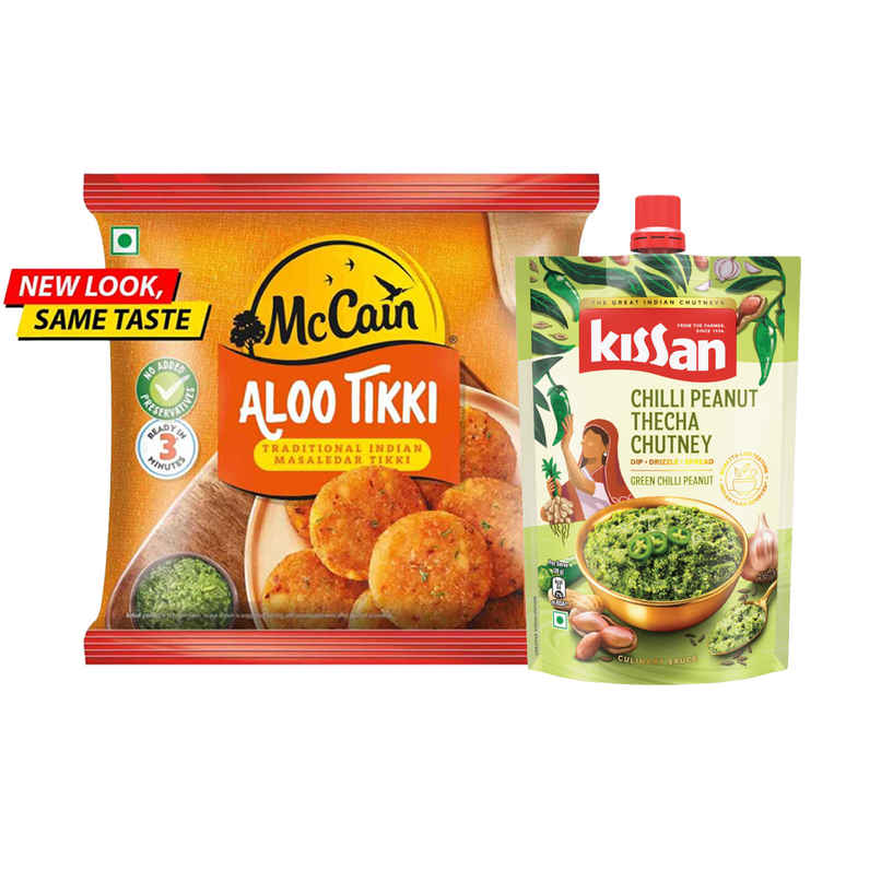 Mccain Aloo Tikki | Frozen Ready To Cook Potato Snack (400g) & Kissan Chilli Peanut Thecha Chutney Doy (200g) Combo