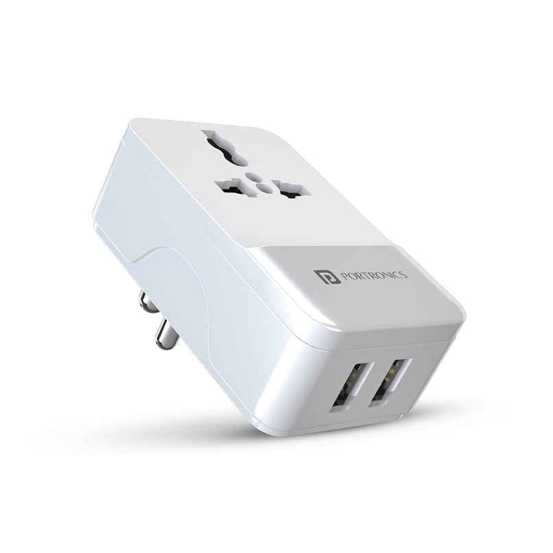 Portronics Adapto III - Dual USB Charger with AC Socket | White