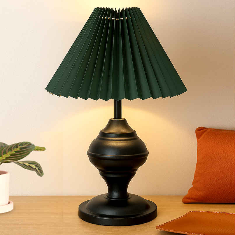 Homesake Black Metal Table Lamp Living Room Bedroom Desk Lamp | Green Pleated Shade