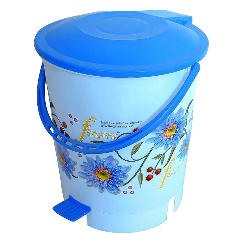 Kuber Industries Plastic 10 L Step-On Pedal Dustbin with Lid | Flower Print | Blue