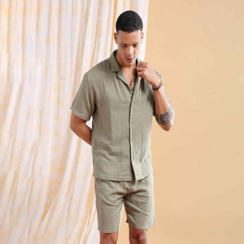 The Indian Garage Co Men | Regular Solid Resort Shirt And Boxers | Sage Green | M