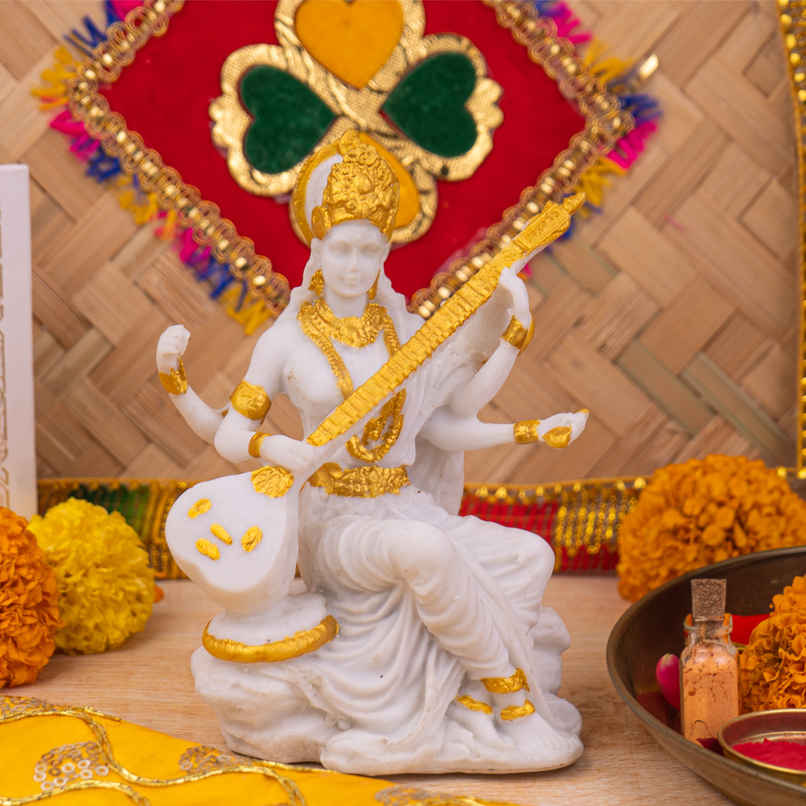 Goddess Saraswati Mata Resin Idol | 5 inch | White | ServDharm