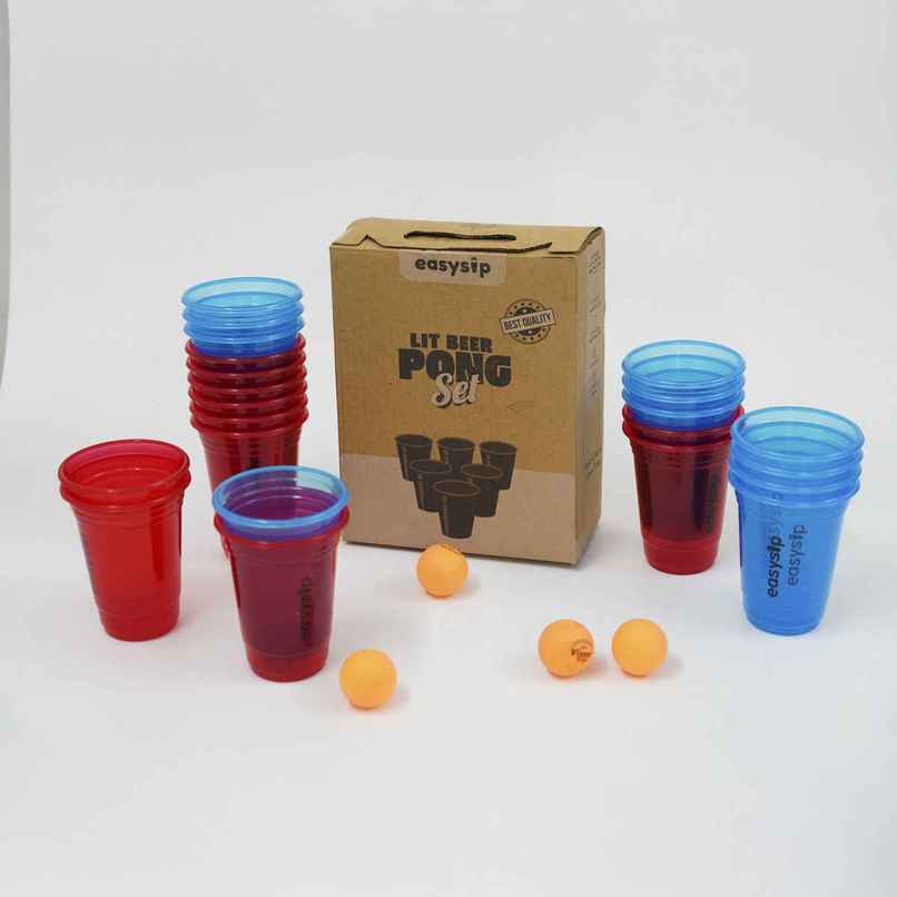 Easysip Beer Pong Set | Party Reusable Glasses and Balls | Red & Blue