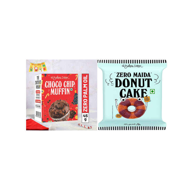 The Baker'S Dozen Choco Chip Muffin | Soft & Chocolatey (45g) & The Baker'S Dozen Zero Maida Donut Cake | Soft & Indulgent (42g) Combo The Baker'S Dozen Choco Chip Muffin | Soft & Chocolatey (45g) & The Baker'S Dozen Zero Maida Donut Cake | Soft & Indulgent (42g) Combo