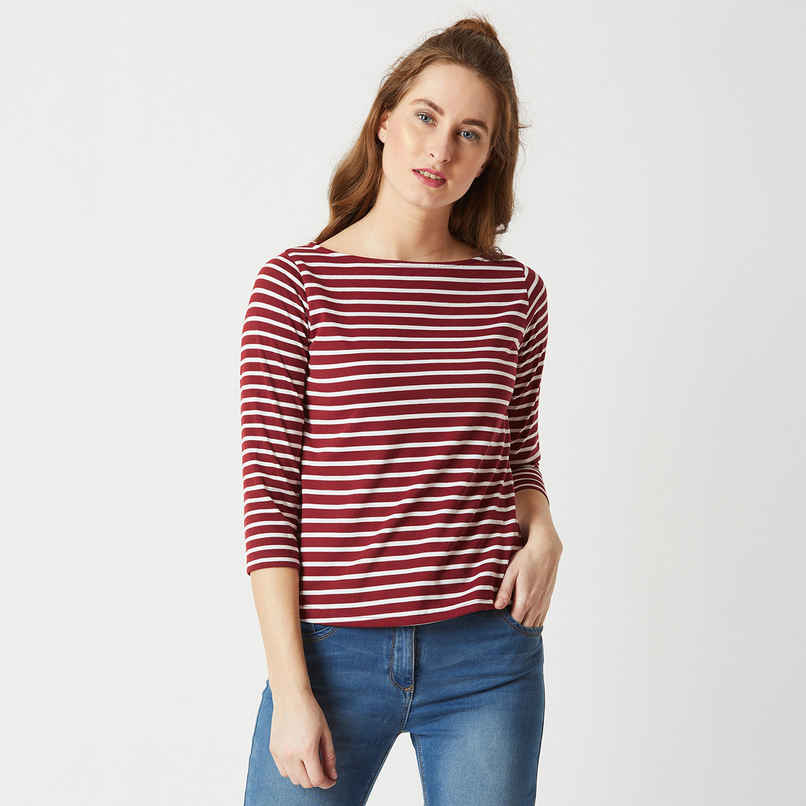 Miss Chase Women Boat Neck 3/4 Sleeve Cotton Striped Top | Maroon & White | S