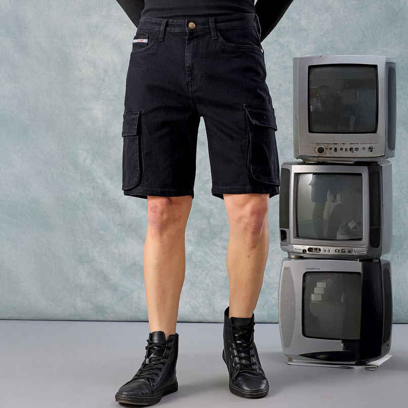The Indian Garage Co Men's Regular Fit Solid Casual Shorts | Black - 32