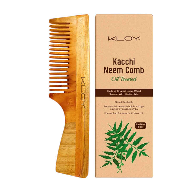 Kloy Kacchi Neem Comb, Wooden Comb For Men, Women Treated With Neem Oil, Bhringraj With Handle Kloy Kacchi Neem Comb, Wooden Comb For Men, Women Treated With Neem Oil, Bhringraj With Handle