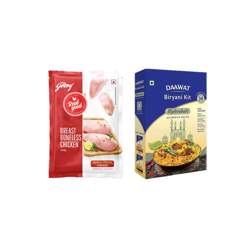 Godrej Chicken Breast Boneless (Freshly Frozen) (450g) & Dawaat Biryani Kit Hyderabadi Ready To Cook (334g) Combo
