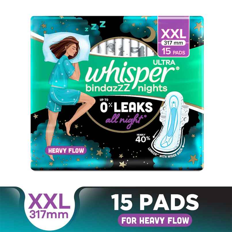 Whisper Bindazzz Nights XXL Sanitary Pads, Upto 0% Leaks All Night Long