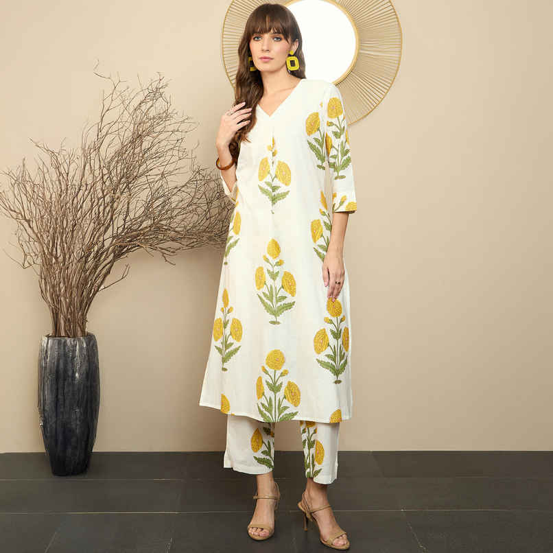 INDO ERA Women's Printed Straight Kurta Trousers Set | White - S INDO ERA Women's Printed Straight Kurta Trousers Set | White - S