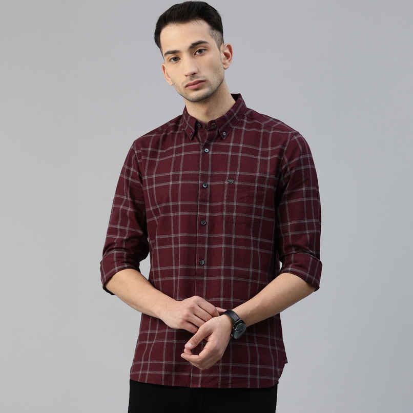 The Bear House Men Slim Fit Checked Button-Down Casual Shirt - Andreas | Maroon | L