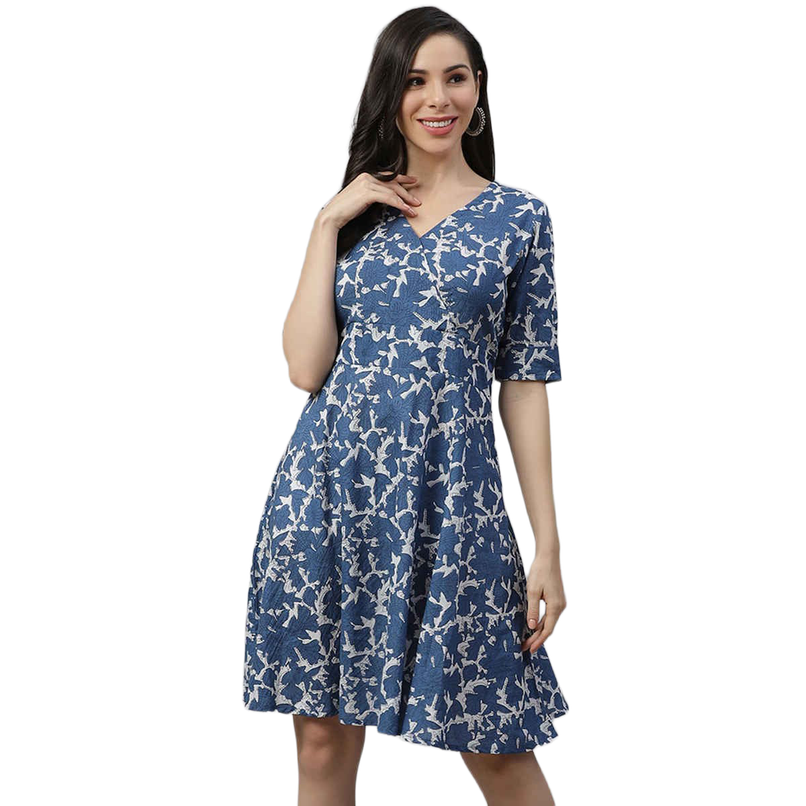 Divena Printed Knee Length Women's Dress | DK0590 | Indigo - L